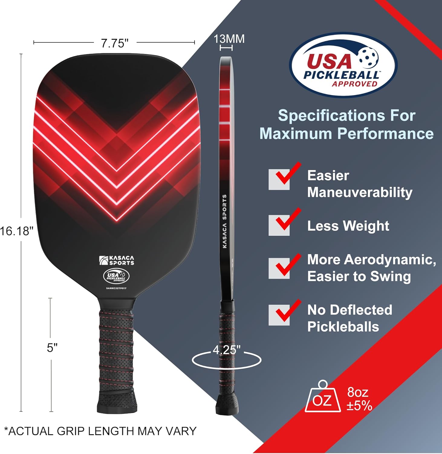 KASACA Edgeless Pickleball Paddle - AERO SPIKE - Carbon Fiber Face