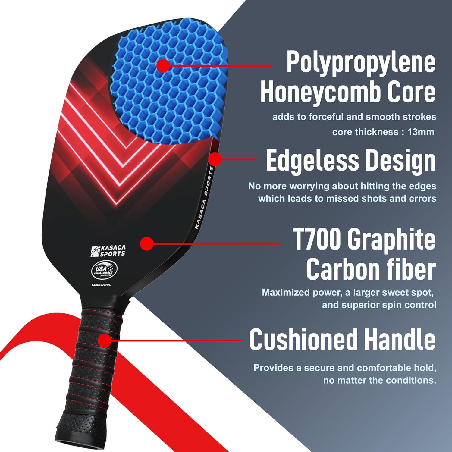 KASACA Edgeless Pickleball Paddle - AERO SPIKE - Carbon Fiber Face